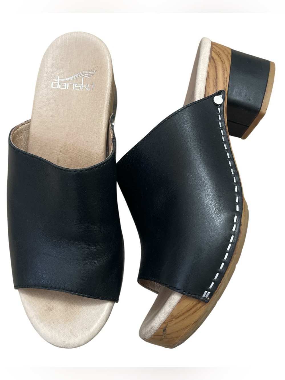 Dansko Black Leather Open Toe Clog Sandals with Wood-Look Heel